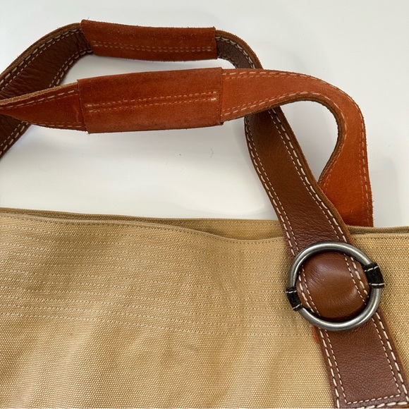 FOSSIL Khaki Canvas Brown Suede with Rust Colored Suede Straps Shoulder Tote Bag - Picture 6 of 11